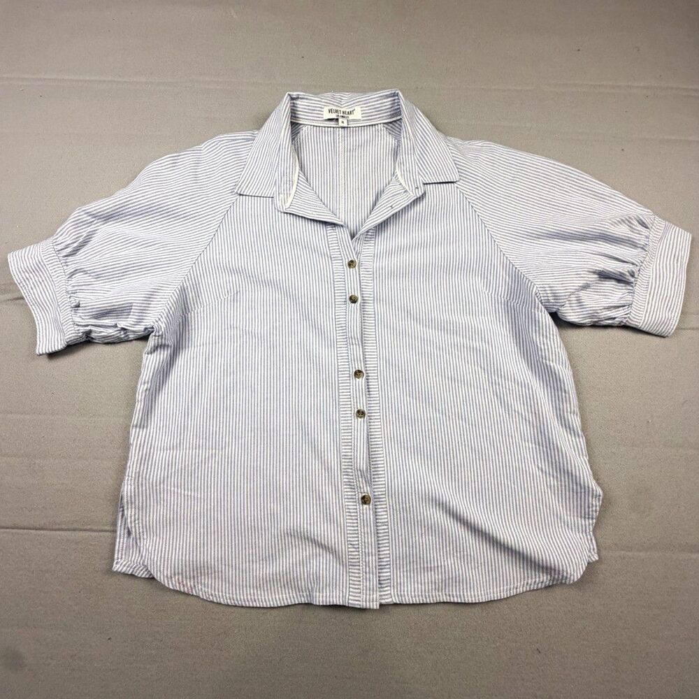 Velvet Heart Blue/White Striped Woven Collared 3/4 Sleeve Button-Up Cotton XL